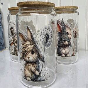 2 Adorable Bunny Glass Tumblers with Bamboo Lids and Glass Straws